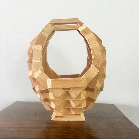 Vintage Midcentury Wood Block Geometric Handmade Fruit Basket Planter Retro SM - Picture 2 of 9